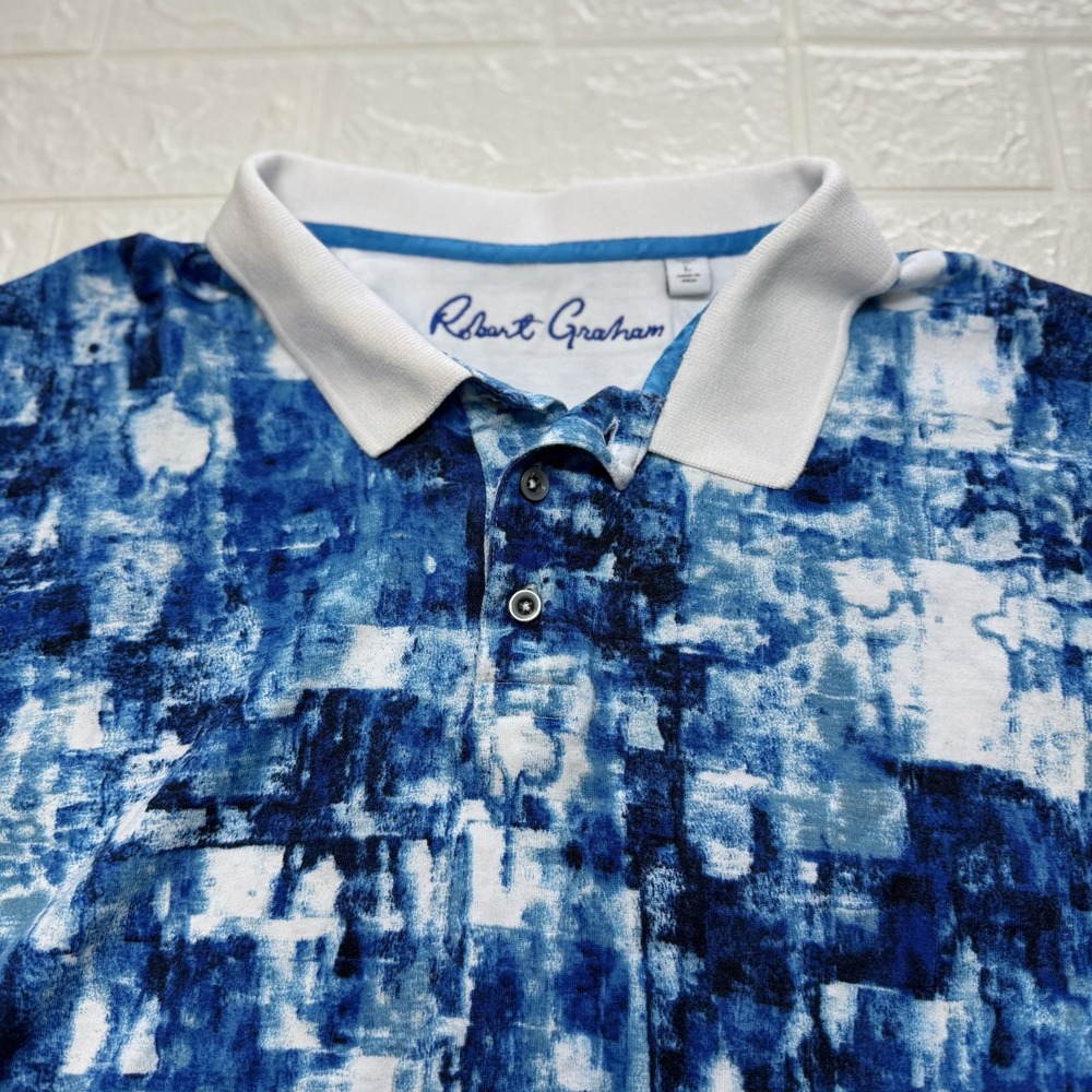 Robert Graham Mens Blue Abstract Print Short Sleeve Polo Shirt Size Large